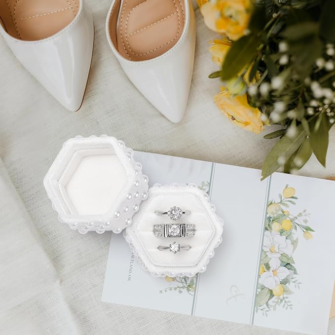 WantGor Velvet Jewelry Ring Box, 3 Slots Hexagon Ring Gift Box Ring Holder | Vintage Ring Display Case for Wedding Ceremony Proposal Engagement (White Pearl, 3 Slots)