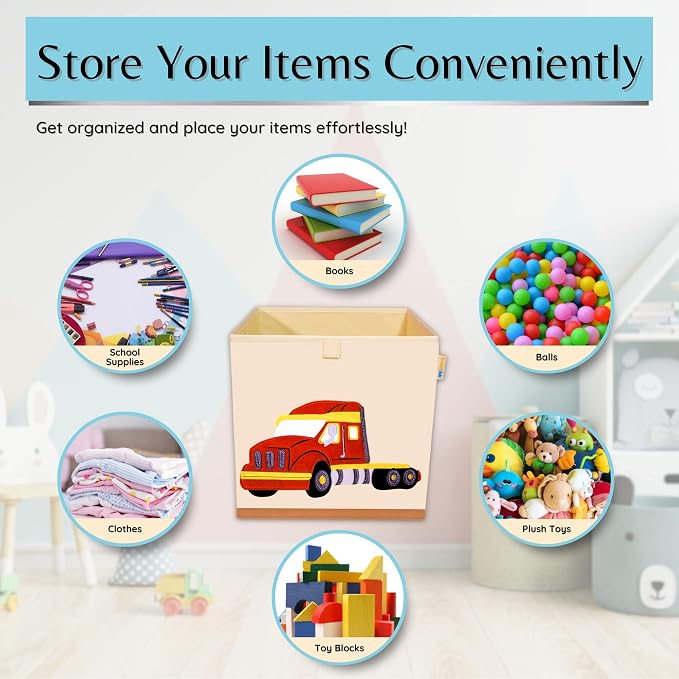 Washable Toy Organizers and Storage, Canvas Toy Chest Organizer Foldable Kids Toy Storage Organizers for Child's Bedroom or Playroom -13x13x13 Inch (Truck)