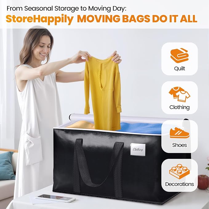 StoreHappily Heavy-Duty & Extra Capacity Moving Bags with Backpack Straps, Storage Totes with Double Zipper & Strong Handles, Packing Bags Alternative to Moving Boxes, Moving Supplies (8 Pack, Black)