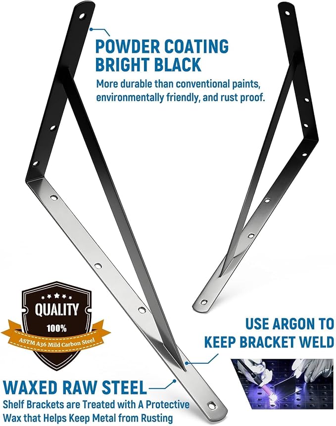8-Pack 18 Inch Heavy Duty Shelf Brackets, Large Floating Wall Bracket for Garage Storage Shelves, Black Powder-Coated Finish, Load Capacity 800lbs