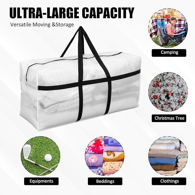 4 Pcs 66 Gallon Extra Large Moving Bags Heavy Duty Storage Bag with Strong Zipper Handle Foldable XXL Jumbo Storage Tote Packing Moving Box for College Dorm Travel Cloth Duffle (Clear)