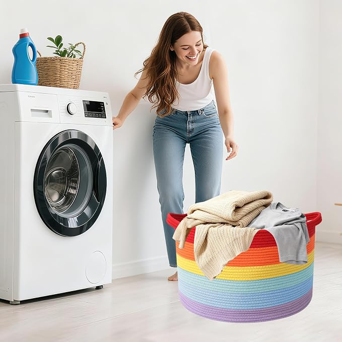 65L Large Blanket Basket,19.7" L x 19.7" W x 13" H Rope Woven Baskets with Handles, Toys Storage Bins,Laundry Basket Perfect for Living Room, Nursery,Bedroom,Home Organization,Rainbow