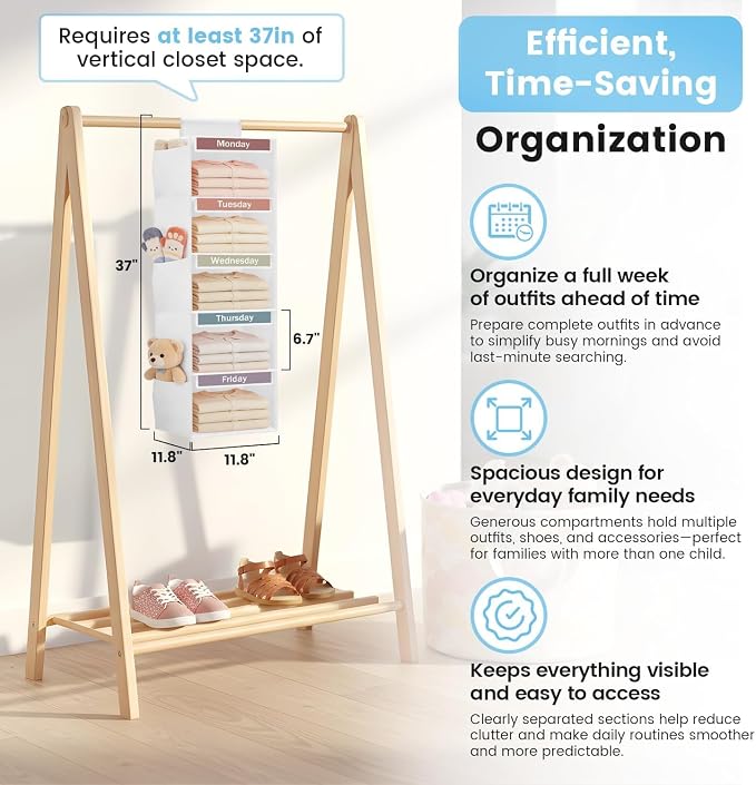 Weekly Clothes Organizer for Kids, 5-Shelf Kid Hanging Closet Organizer w/ 6 Side Pockets, Labeled Weekly Outfit Organizer for Kids, Days of The Week Clothes Organizer Monday Through Friday White