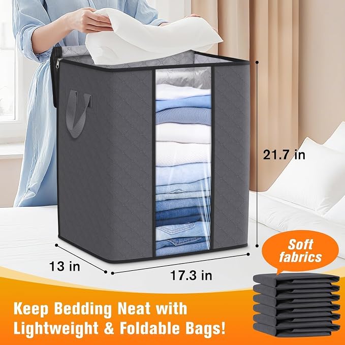 SpaceTrove Clothes Storage Bags, 10-Pack Comforter Blanket Organizers, 80L Large Capacity Containers with Visual Window for Clothing, Quilt, Sheet, Pillow, Closet Organization for Bedding (Grey)