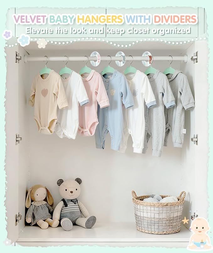 VIS'V Velvet Baby Hangers with 6 Pcs Dividers, 11 Inch, Mint Green, 50 Pcs | Compact Size, Non Slip, Infant Toddler Nursery Closet Organization