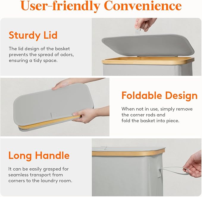 Lifewit 65L Slim Laundry Hamper with Lid, Narrow Laundry Basket with Removable Bag & Bamboo Handles, Fodable Thin Dirty Clothes Hamper for Laundry Collapsible Bin for Bathroom Bedroom Dorm,Silver Grey