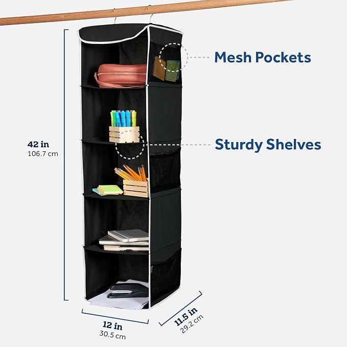 ZOBER Hanging Closet Organizer, 5-Shelf - Hanging Storage Organizer Shelves for Clothes, Towels, Toys - College Dorm Room, Nursery, & Home Closet