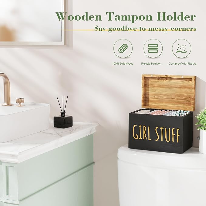 Tampon Holder for Bathroom with Hinged Lid, Feminine Product Organizer, Tampon Storage, Bathroom Period Products, Toilet Organizer, Bathroom Accessories Box for Girl Stuff (Black)
