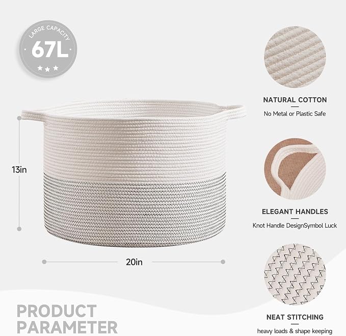 CLHMILY&Z Large Storage Basket - 20x13 Inches - Blanket Basket for Living Room, Woven Storage Basket, Large Laundry Basket for Clothes, for Tree Plant, Mix White