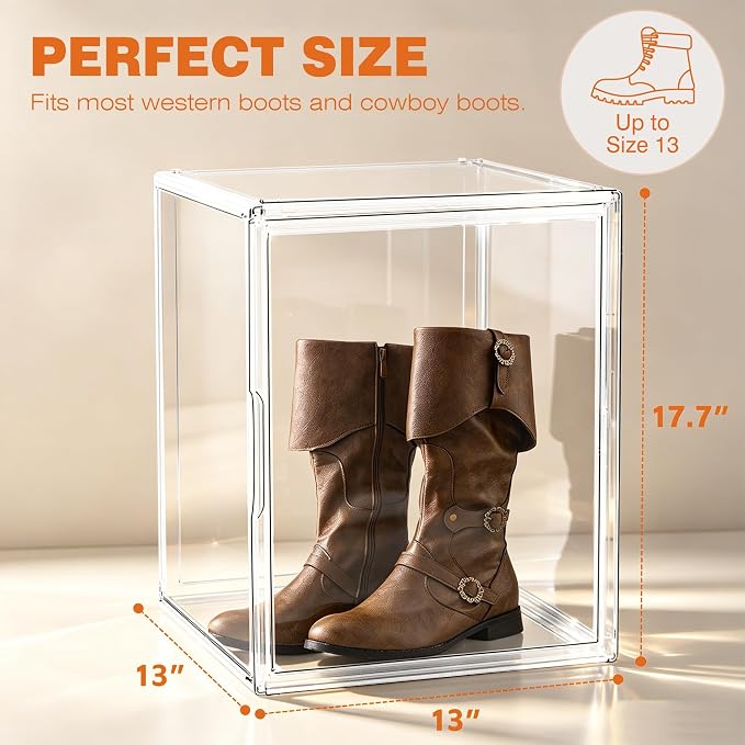 5 Pack XXX-Large Extra Large Acrylic Display Case 17.3'' x 13'' x 13'', Transparent Sneaker Boxes Clear Plastic Stackable Boot & Shoe Boxes Large Showcase for Helmet, Handbag, Figures Collectibles