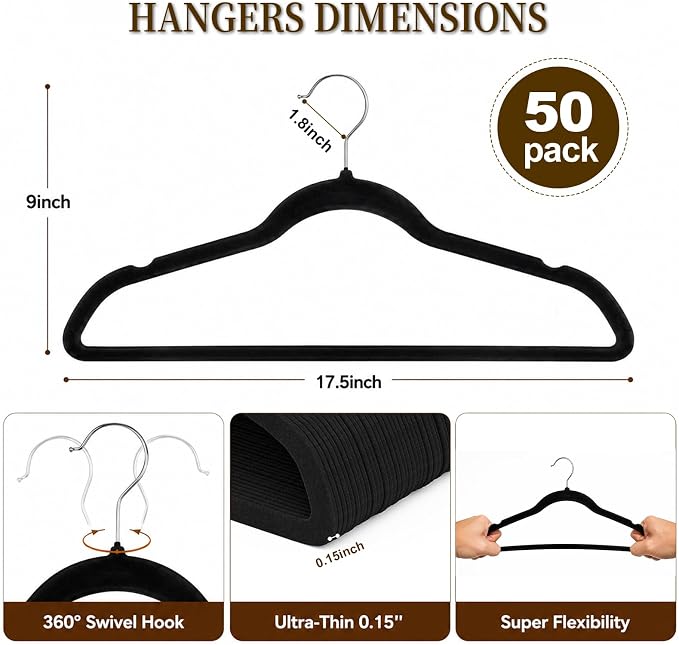 Velvet Hangers 50 Pack, Non Slip Clothes Hangers with Shoulder Notches, Slim Felt Hanger with 360° Swivel Hook, Space-Saving, Heavy Duty, for Coat, Shirt, Pants, Dress, Suits, Black