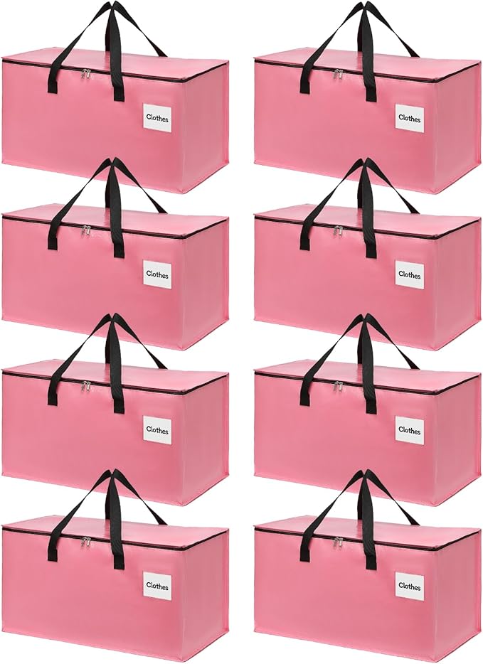 8 Pack Extra Large Heavy Duty Moving Bags with Reinforced Zipper & Wide Carrying Handles, Bright Red Large Capacity Storage Totes for Whole House Packing, Dorm Moves & Event Organization, Pink