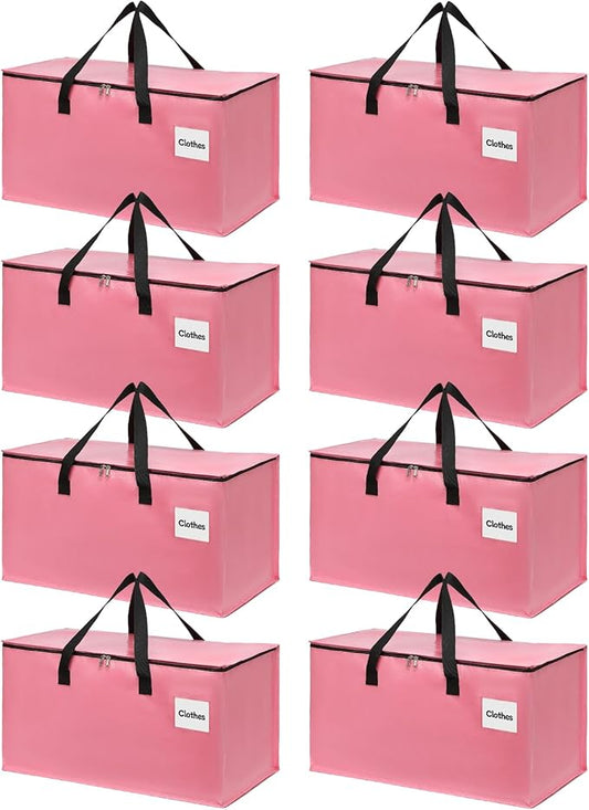 8 Pack Extra Large Heavy Duty Moving Bags with Reinforced Zipper & Wide Carrying Handles, Bright Red Large Capacity Storage Totes for Whole House Packing, Dorm Moves & Event Organization, Pink