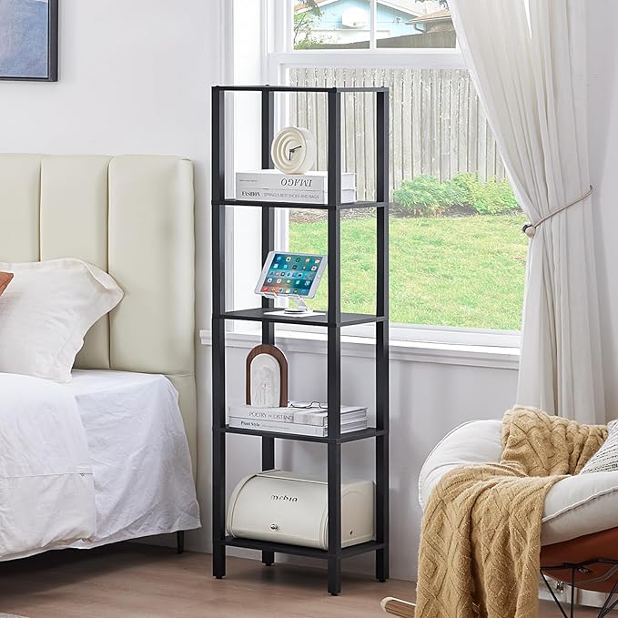 YUFAM 54in Tall Bookshelf 5-Tier Small Narrow Bookcase, Skinny Book Shelf for Small Space, Farmhouse Slim Shelf with Storage, Wood Freestanding Display Thin Bookshelves for Living Room, Office, Black