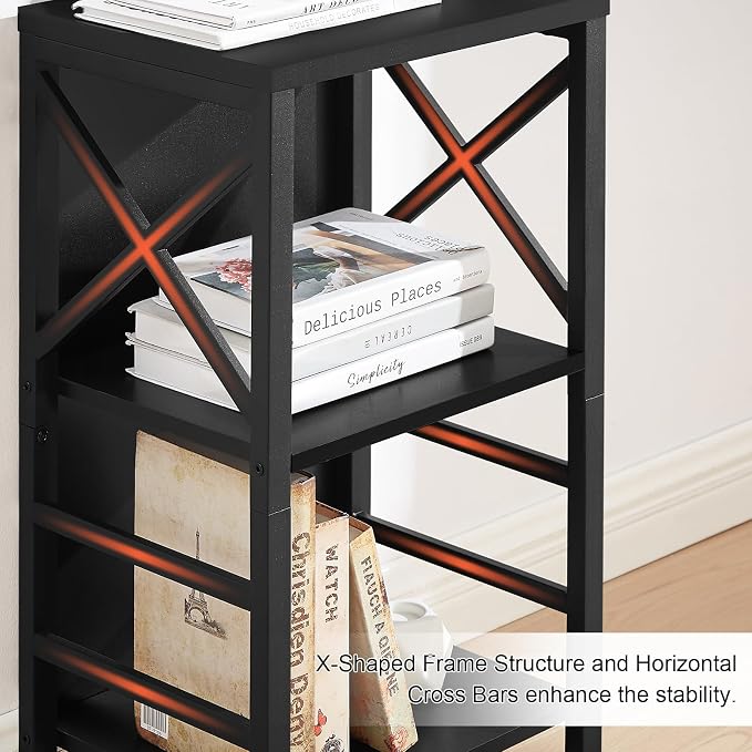 MNEETRUNG Book Shelf, Small 3-Tier Industrial Bookshelf with Strong Metal Frame & Backboard, 15.7" Short Bookcase for Small Spaces, Living Room, Bedroom and Home Office, Black