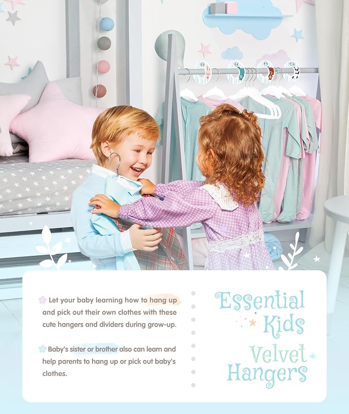 VIS'V Velvet Baby Hangers with 6 Pcs Size Dividers, 11 Inch, White, 50 Pcs | Compact Size, Non Slip, Infant Toddler Nursery Closet Organization