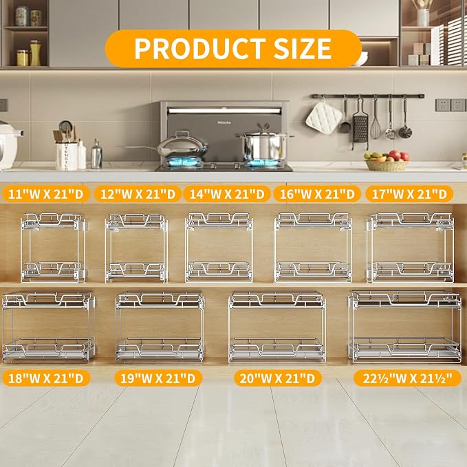 2-Tier Kitchen Cabinet Pull Out Shelf and Drawer Organizer Slide Out Pantry Storaqe Basket in Multiple Sizes (20" Wx 21" D,)