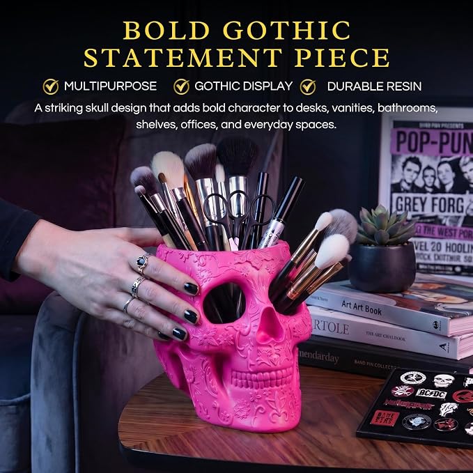 Skull Makeup Brush Holder, Pen Holder, Vanity, Desk, Office Organizer, Stationary, Decor Planter, Candy Bowl, Goth Decorations, Extra Large, Skulls Gothic Skull & Bones Organizer Bathroom (Pink)