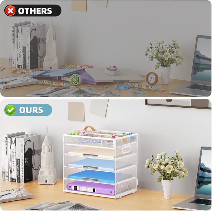Marbrasse 5 Tier Paper Organizer Letter Tray, Mesh Desk File Organizer with Handle, Paper Sorter Desk Organizer for Home Office Supplies - White, Adjustable