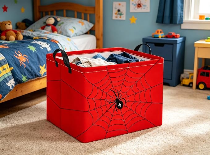 Rectangular Baby Kids Storage Basket for Home Kitchen Girls Cute Toy Storage Bin Organizer Shelf Book Room Decor(Red Spider)