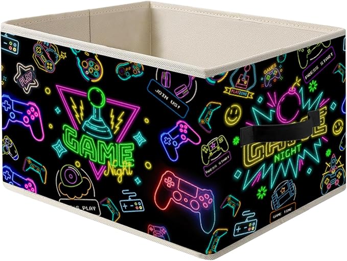 Neon Gamer Storage Bin Box with Handles, Gaming Room Foldable Organizer Basket Toybox for Teen Boys Room Bedroom Playroom Bathroom Clothes Toys Books