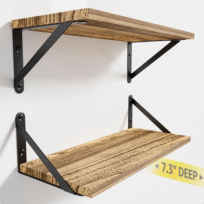COCOYA Wall Shelves 7.3" Deep Solid Paulownia Wood (Light Brown, Set of 2) | 15mm Thick, Wider & Longer & Stronger, Easy to Install, Floating Bookshelves, For Bathroom Bedroom, Office Storage Organizer