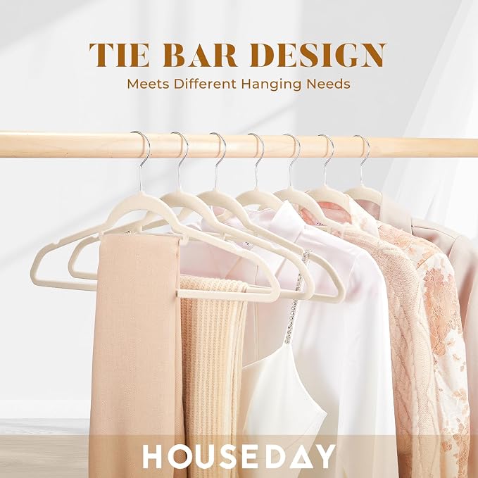 HOUSE DAY Velvet Hangers with Tie Bar 60 Pack, Clothes Hanger Non-Slip | Ivory Space Saving Felt Hangers for Pants, Coat, Suits, Shirt, Scarf, No Hanger Marks, with 360° Swivel Hook for Closet