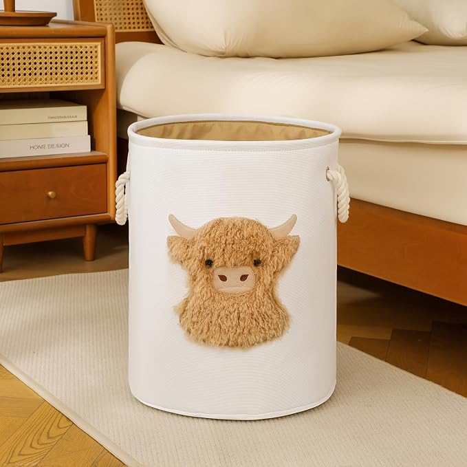 Kids Laundry Basket Nursery Hamper Baby Laundry Basket Stuffed Animal Toys Storage Baskets for Toddler Room Decor, Dirty Clothes Hampers with Drawstring Closure for Bedroom/Living Room, Highland Cow
