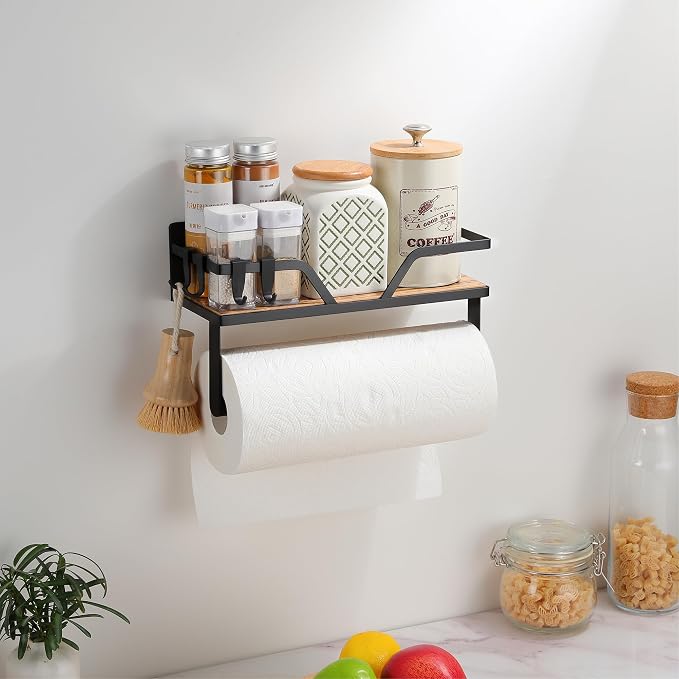 SUNTECH Magnetic Paper Towel Holder with Shelf, 2 Pack Kitchen Roll Holder with 4 Hooks, Farmhouse Spice Rack Organizer Strong Magnets for Fridge, Grill, Black