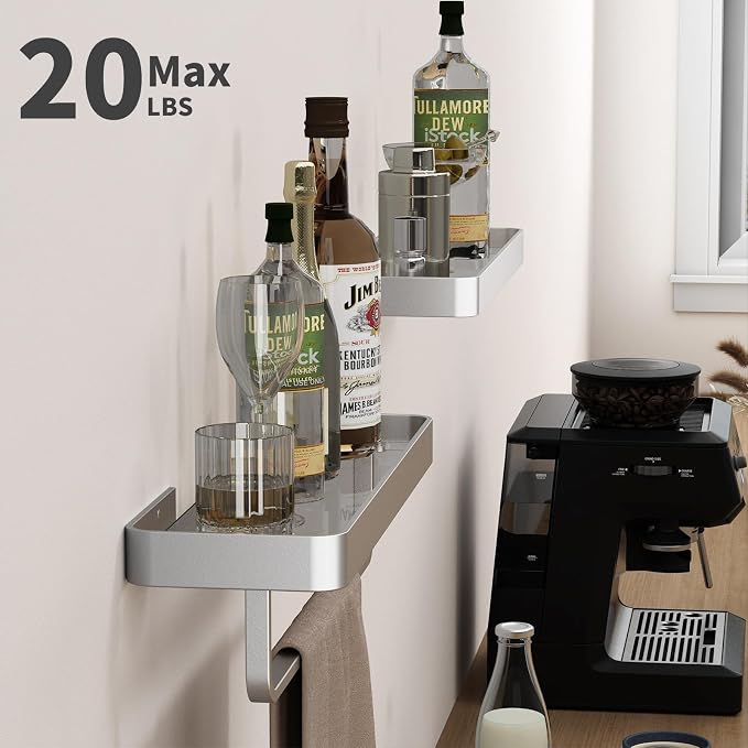 Danpoo 16-Inch Silver Floating Bathroom Shelves with Towel Bar, Clear Tempered Glass Wall Shelf 2-Pack – Versatile Bathroom Organizer Set