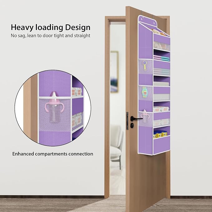 Univivi 5-Shelf Over The Door Hanging Organizer, Back of Door Organizer With 5 Compartments 6 Side Pockets for Baby Bedroom and Bathroom Storage (Purple)