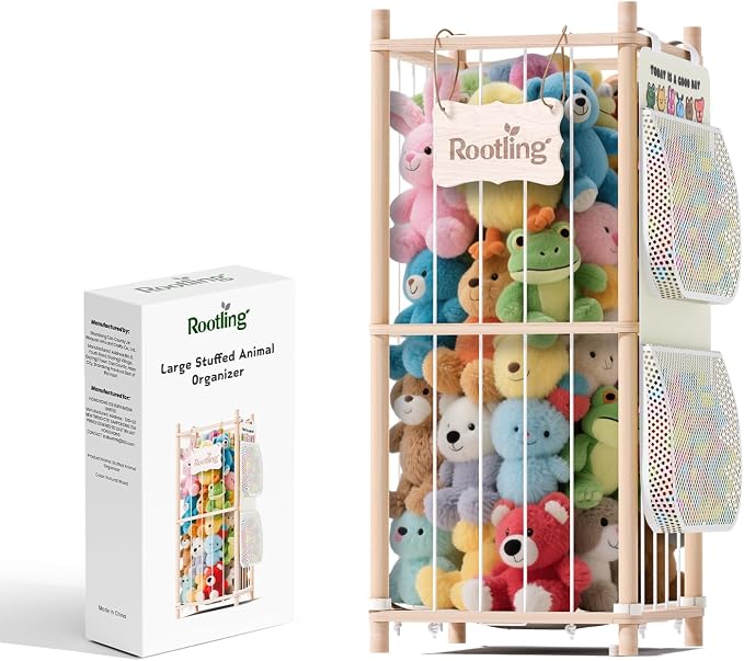 Stuffed Animal Storage & Organizer, 54 inch Tall Wooden Cute Zoo Toy Holder w/Building Block Storage Bag, Premium Wooden Material with Elastic Cord for Toddler Rooms, Playrooms (Small)