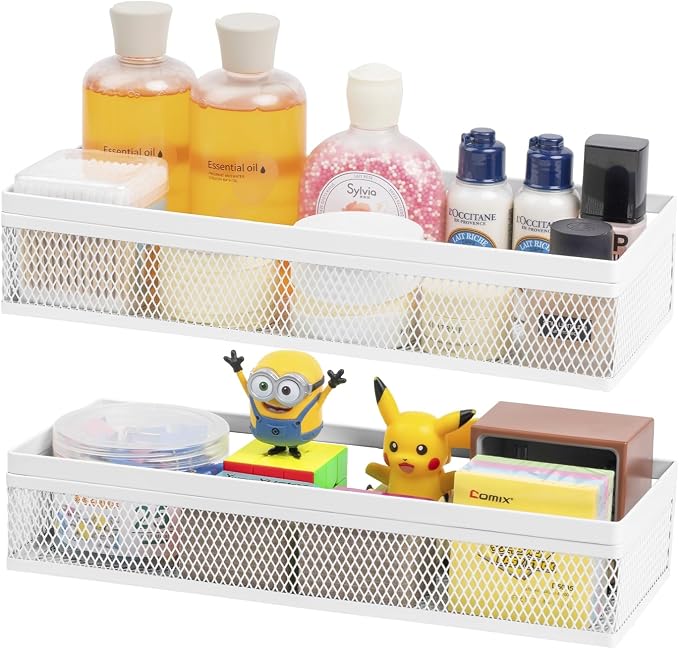 Hanging Wall Mount Storage Baskets with Adhesive Hooks & Screwing, Metal Wire Organizer Baskets for Home Decor, Kitchen, Bathroom, Pantry, Laundry, Closet, Garage, RV Black 2 Packs (White)