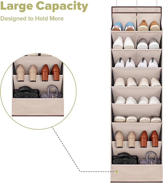 4 Pack Shoe Organizer with 6 Extra Large Pockets and 4 Large Pocket, Over the Door Sturdy Closet Storage Rack, Hanging Shoe Organizer for Shoes, Sneakers, Beige