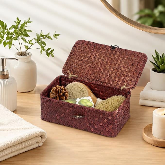 Wicker Basket with Lid, Natural Seagrass Storage Baskets for Organizing, Woven Basket for Storage, Decorative Boxes Bins with Lids Home Organizer Decor (Red, 9.05" x 5.11" x 3.34")