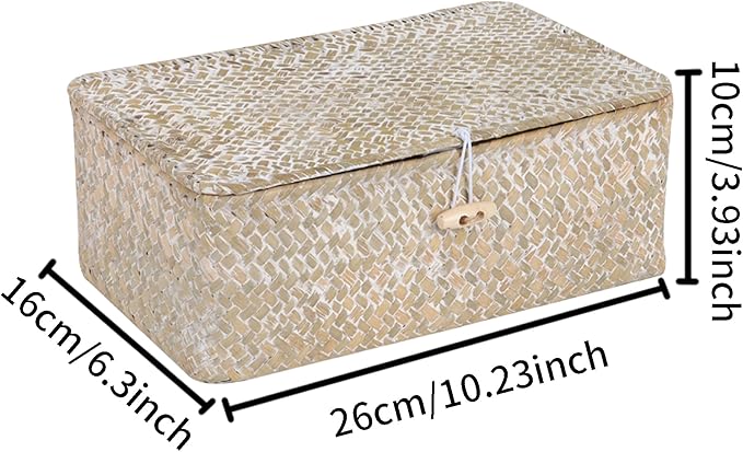 FEIALNDUO Wicker Shelf Baskets with Lid,Seagrass Storage Basket Bins Rectangular Handwoven Basket Boxes for Shelves Desktop Home Organizer (Whitewash, Small)
