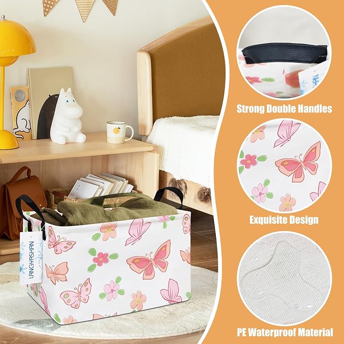 Rectangular Collapsible Pink Butterfly Storage Basket Nursery Organizer | Storage Bin Foldable Canvas with Handles for Organizing Home Kitchen Children Toys Office Closet Shelf Baskets
