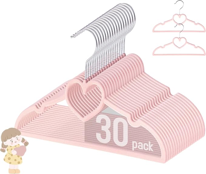 GOSCHE Baby Hangers 11 inch, Toddler Velvet Hnagers, Non-Slip for Baby and Children Clothes, Durable Ultra-Slim Space-Saving Closet Organizers, Pink, 30 Pack