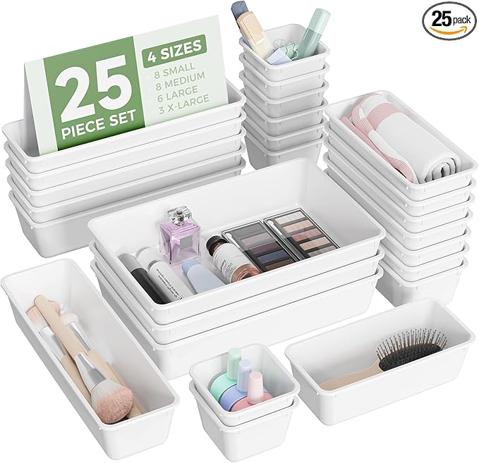 BiuLeon 25 PCS Plastic Drawer Organizers Set, 4-Sizes Vanity and Makeup Organizer, Desk and bathroom Drawer Organizer Trays, Organizers and Storage for Makeup, Jewelry, Gadgets, Utensils (White)