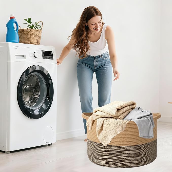 90L Extra Large Blanket Basket,Woven Rope Laundry Basket Hamper with Handles, Decorative Nursery Basket Storage Bin for Toys, Clothes Organizer, Living Room, Bedroom, Bathroom, Jute&Black