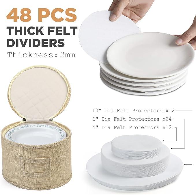 LotFancy China Storage Containers, Hard Shell, 4PCS Set, Dish Saucer Plate Storage Box for Moving, Stackable Dinnerware Organizer Bins with 48 Felt Dividers, Beige