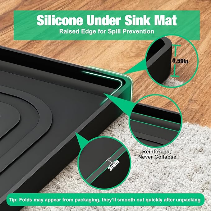 Aisslro Under Sink Mat 25" X 19", Waterproof Silicone Under Sink Mats for Kitchen, Anti-Leak Shelf Liner & Cabinet Protector with Raised Edge, [BPA Free] Bathroom Tray Home Organizer, Black