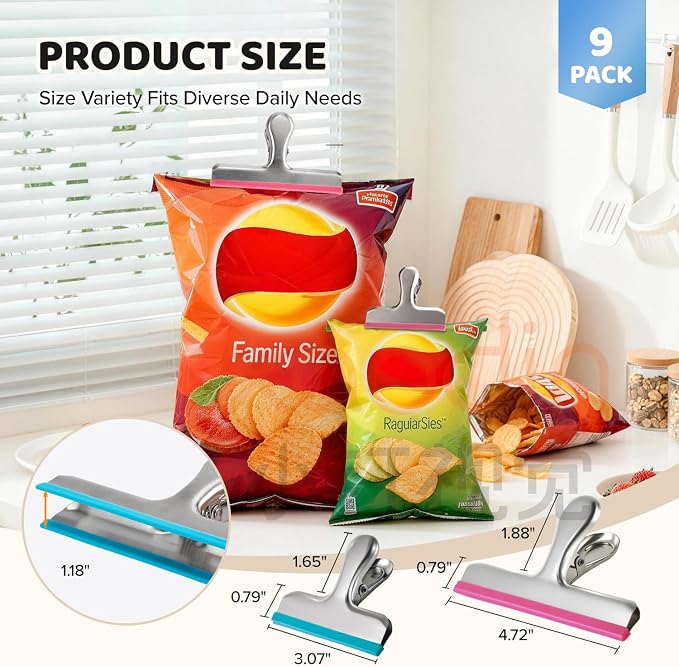 HOUSE AGAIN 9 Pack Stainless Steel Chip Bag Clips Covered with Silicone - NO More Sharp Edges - Color Coded for Upgrade Wide Open Food Bags, Heavy Duty for Kitchen and Office, (3 x L, 6 x S)