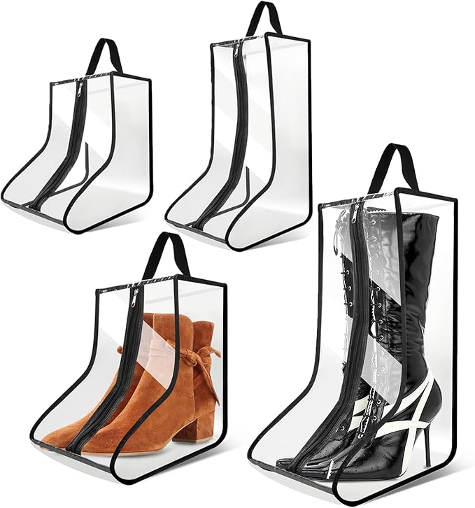 CiBiZi 4Pack Black Boot Bags Organizer for Travel Waterproof Cowboy Boots Bag Portable Shoe Travel Bag for Women Hangable Ski Boot Bag Dust-free Tall Boot Storage Bag (Clear)