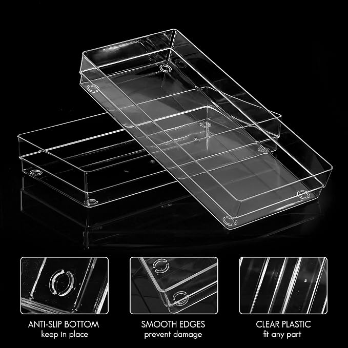 LotFancy Clear Plastic Drawer Organizer, 12’’ x 6” x 2’’, Set of 3 Drawer Storage Containers Bins for Dresser Cosmetics Makeup, Stackable