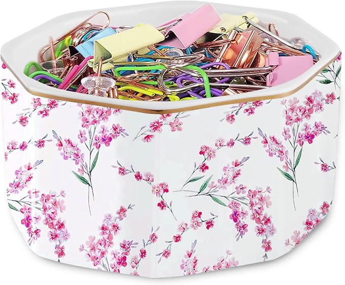 Ceramic Paper Clip Holders Paperclips Holder Dispenser Cute Clips Organizer for Desk Binder Clip Bowl Bobby Pin Hair Clip Holder Gift for Office (Pink Blossom)