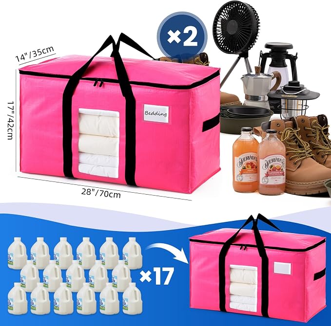 TAILI 2 Pack Pink Extra Large Moving Bags, Heavy Duty Totes with Visible Window, Wrap Around Handles, Space-Saving Storage, Alternative to Moving Boxes