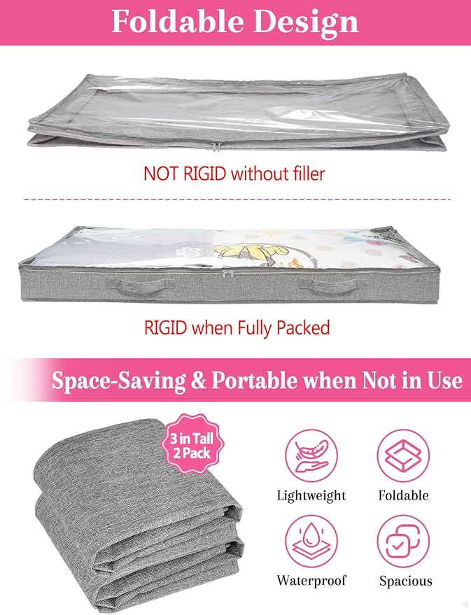3-Inch High Under Bed Storage Containers, Low Profile Underbed Bins, NO RIGID STRUCTURE, Foldable Clothes Storage Organizer w/Lid & Zipper, Shallow Storage for Low Beds, Couches & Cribs, 2-Pack, Gray