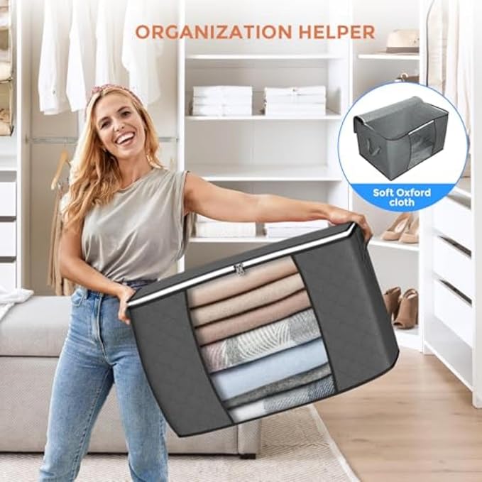 90L Large Storage Bags, 10 Pack Clothes Storage Bins Closet Organizers | Foldable Storage Containers, with Reinforced Handle, for Clothing, Blanket, Comforters, Bed Sheets, Pillows and Toys,Gray