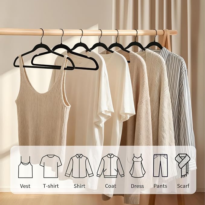 ManGotree Black Velvet Coat Hangers with 360° Swivel Black Hook, Non-Slip Felt Suit Hangers, Slim Space Saving Clothes Hanger for Jacket, Sweater, Shirt, Dress, Pants (22 Pack)
